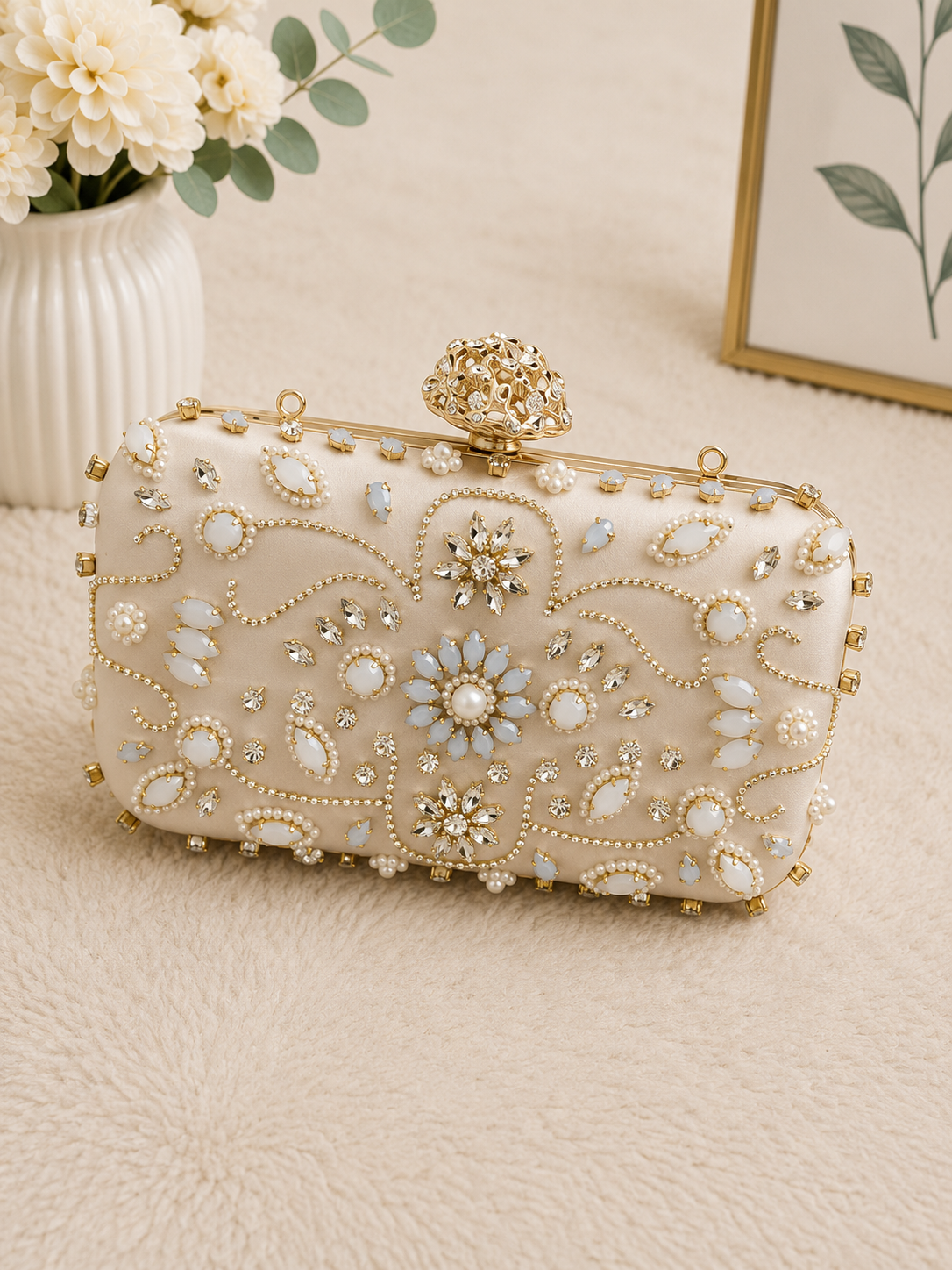 Nude Diamante clutch bag