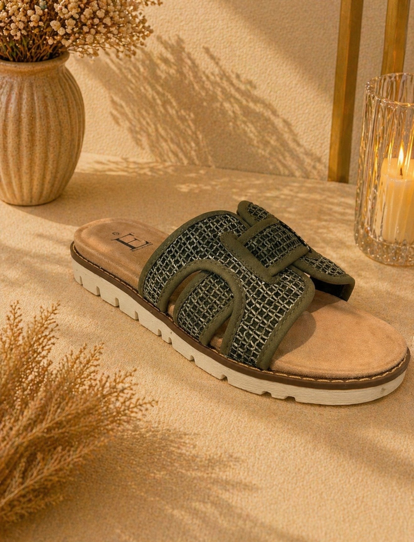 Olive Green Mesh Comfort Slide Sandals