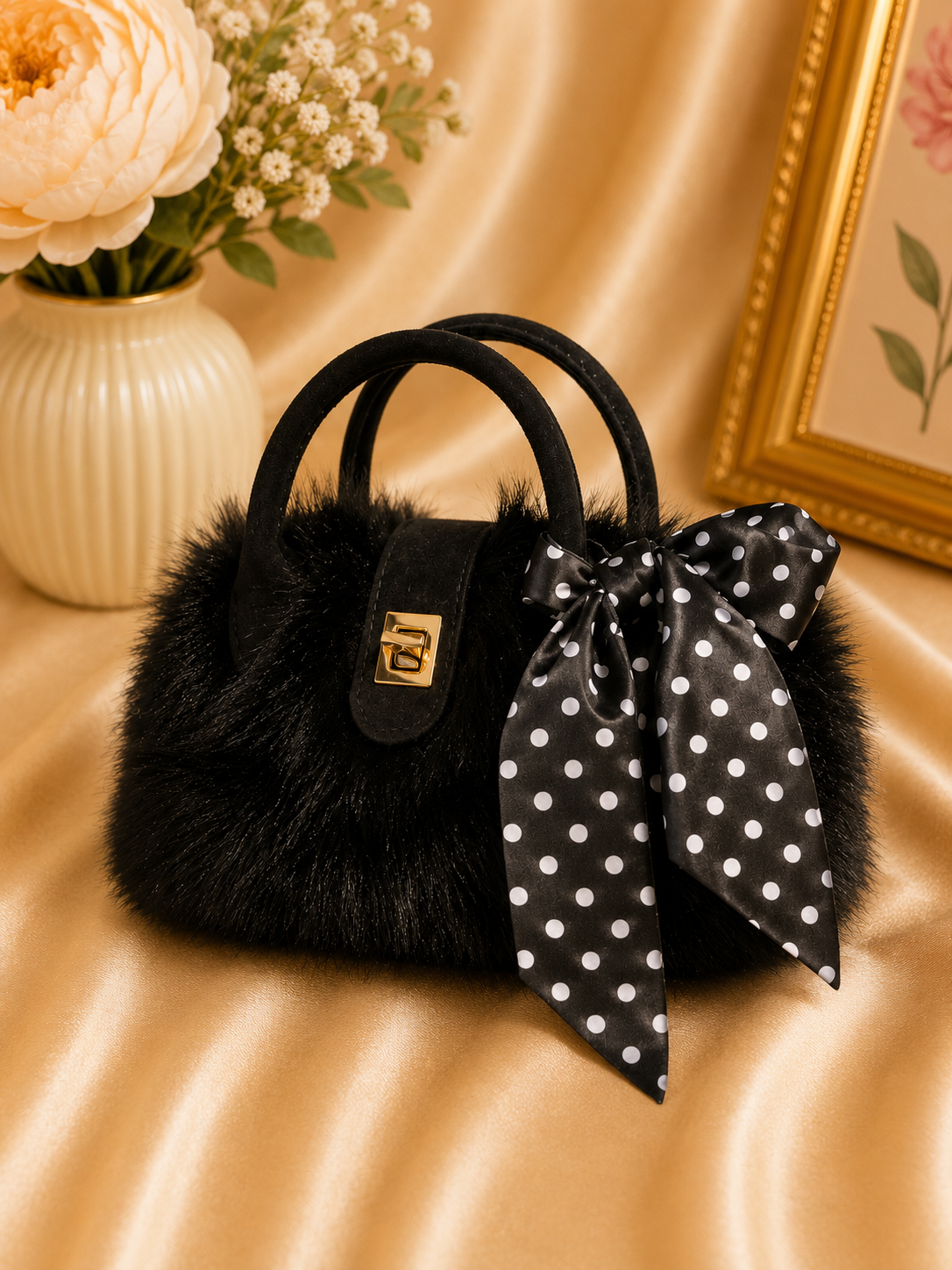 Black elegant faux fur handbag