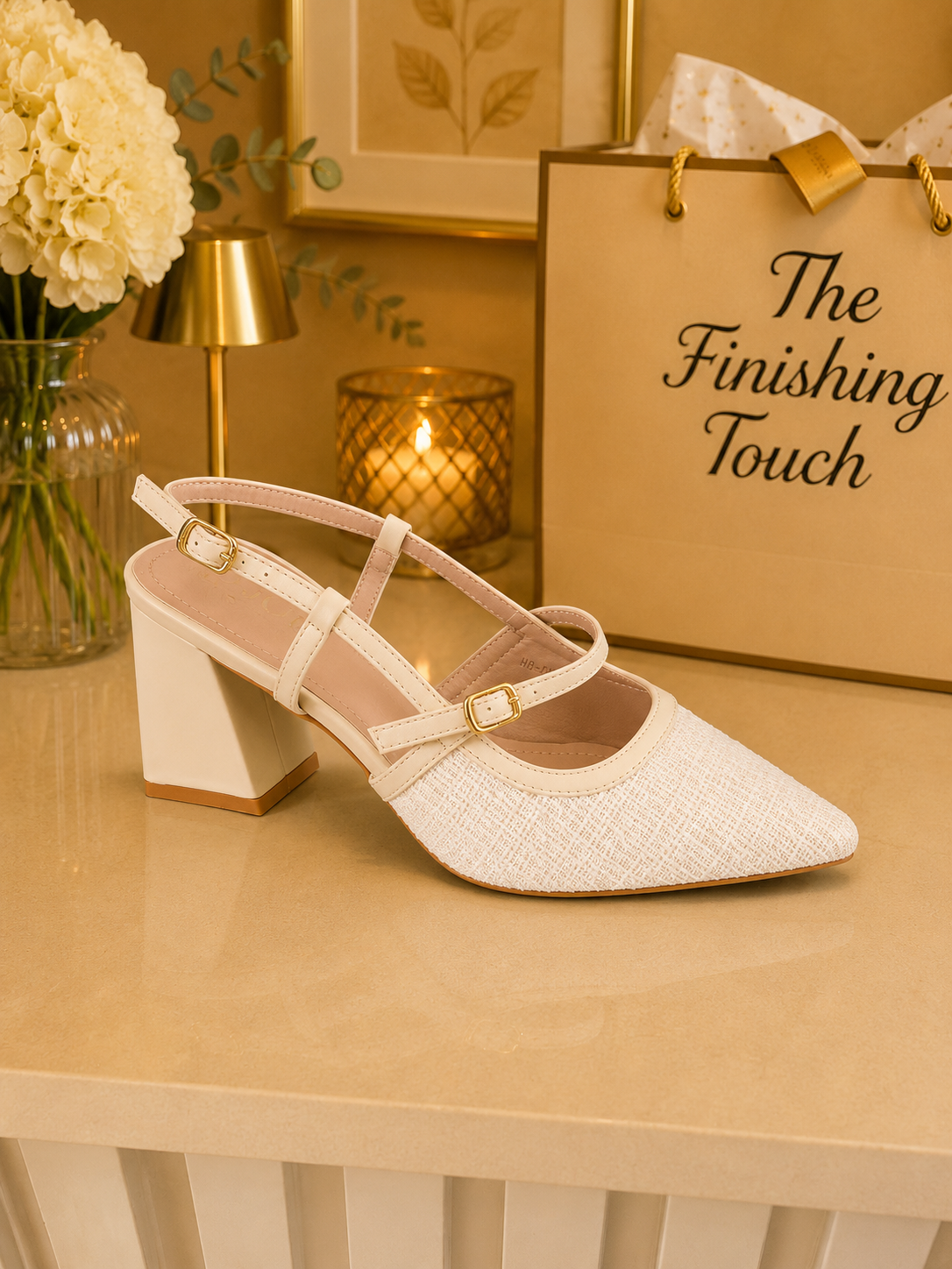 Cream strappy chunky heel