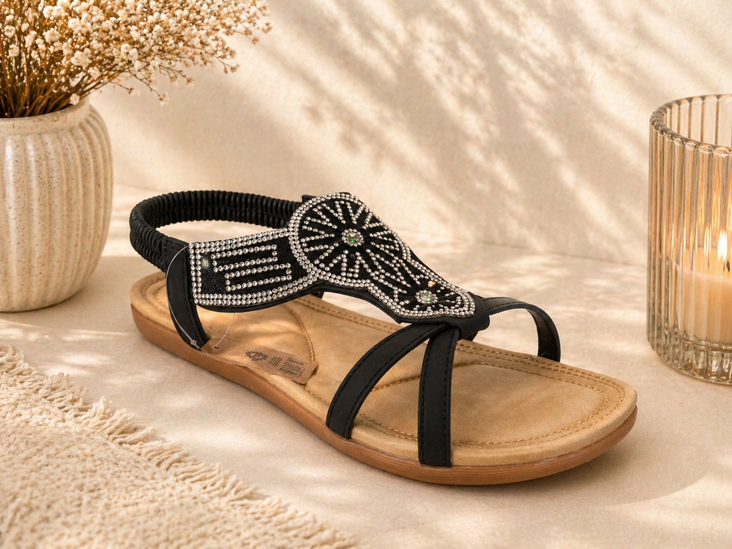 Boho Crystal Strap Flat Sandals