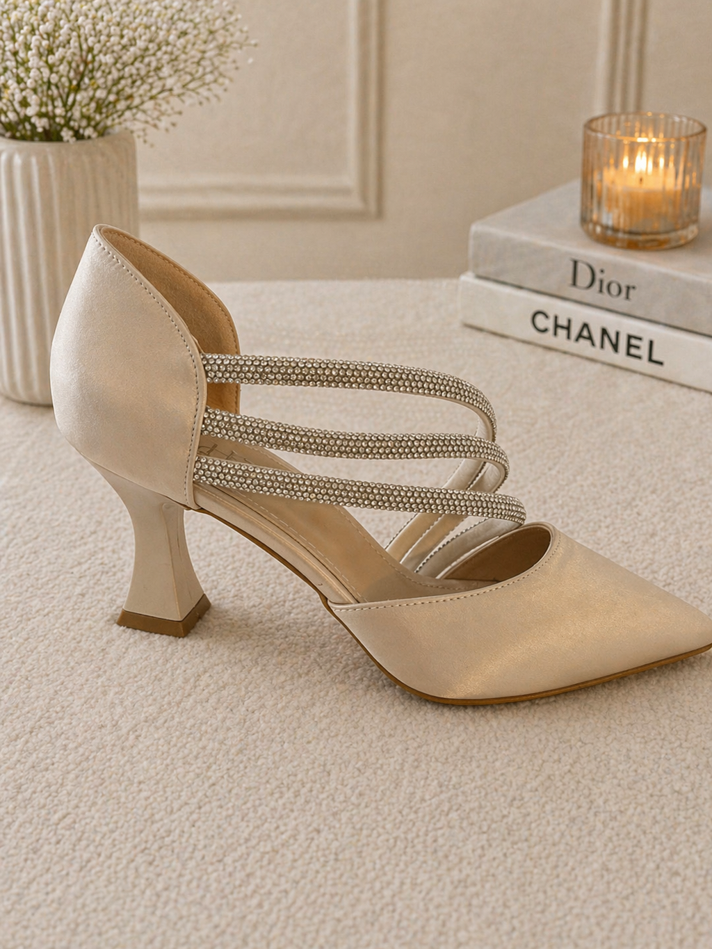 low heel diamanté strap pump