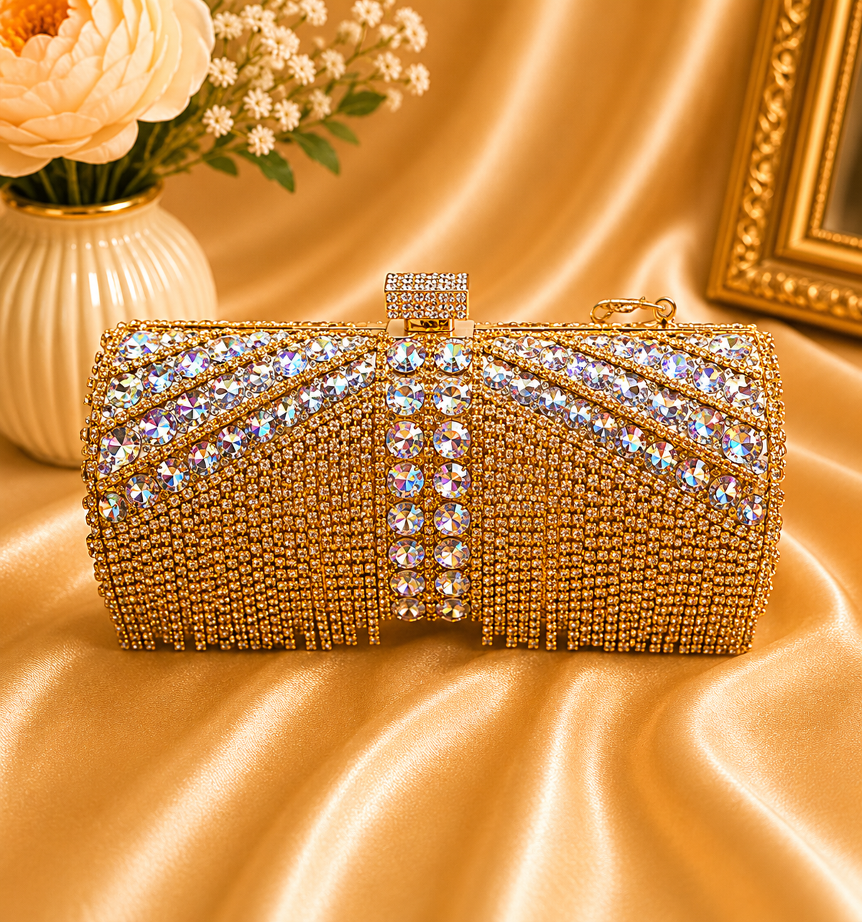 Gold diamanté embellished clutch bag