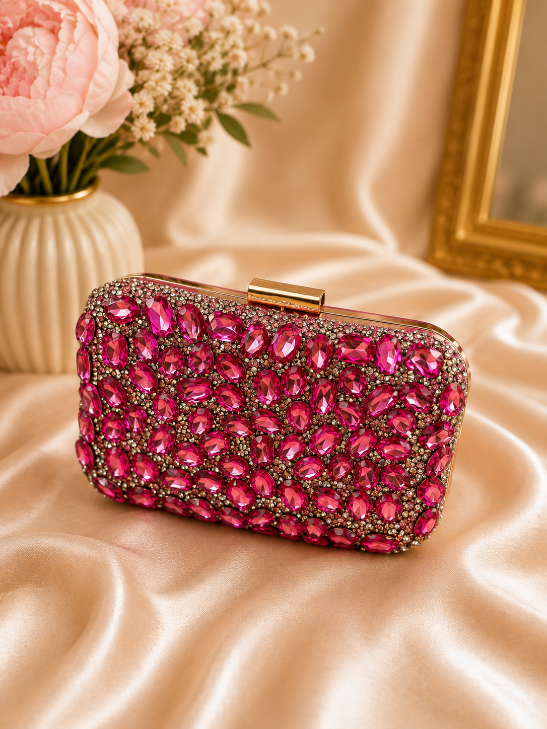 Pink gem embellished clutch