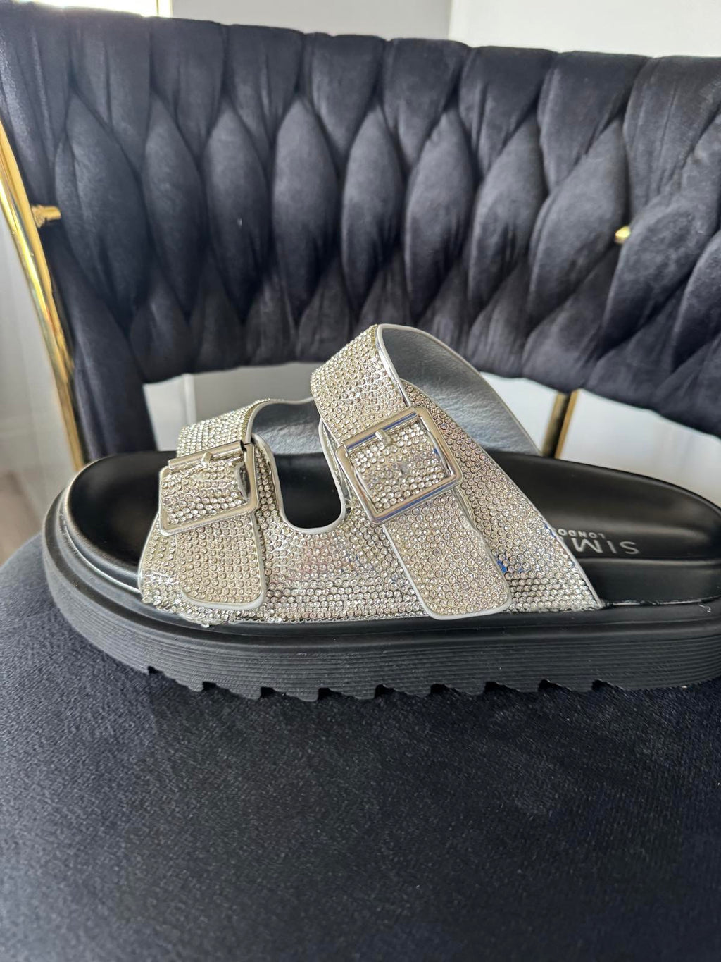 Diamanté double strap slider sandal