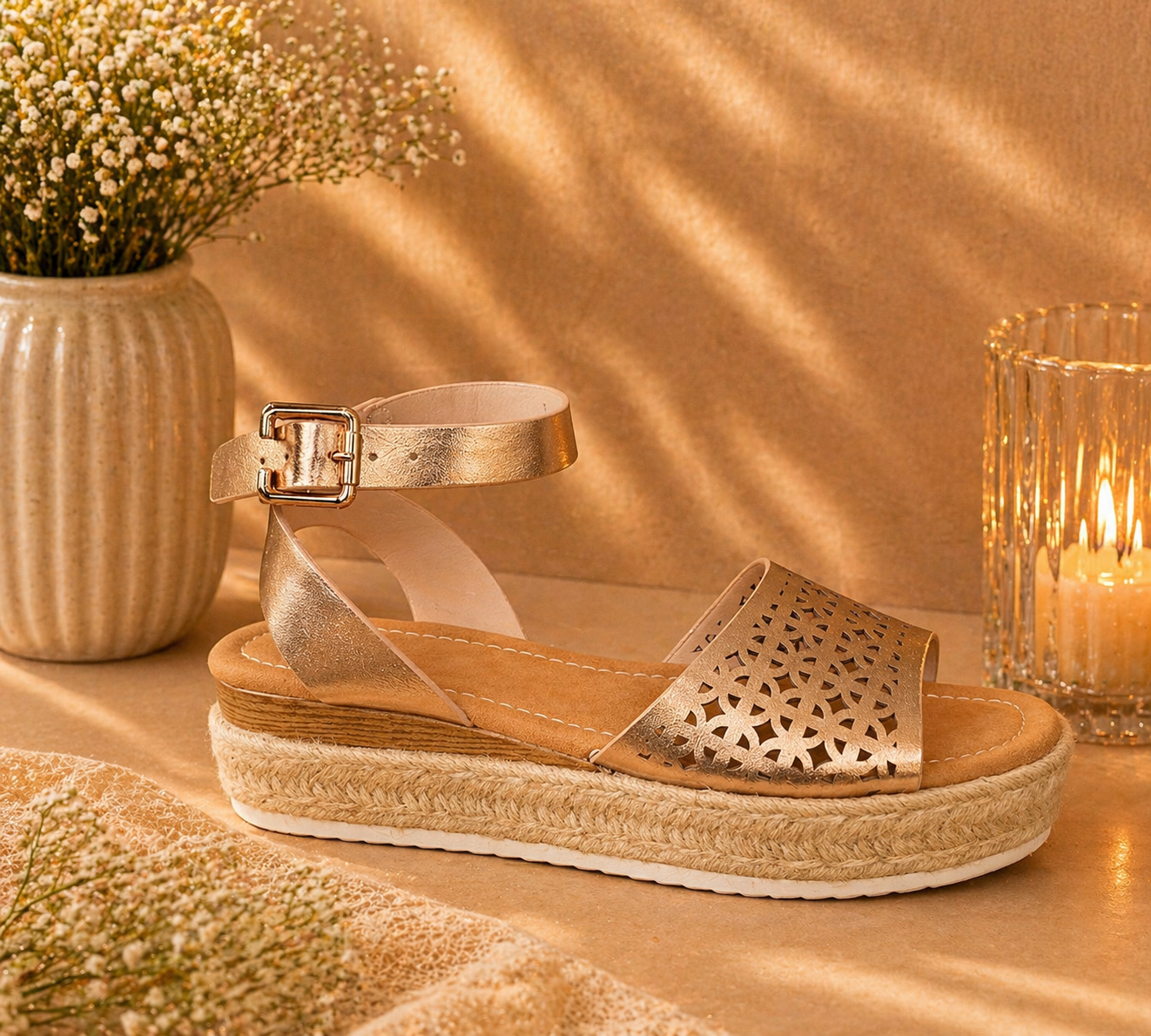 Cutout Strap Gold Flat Sandals