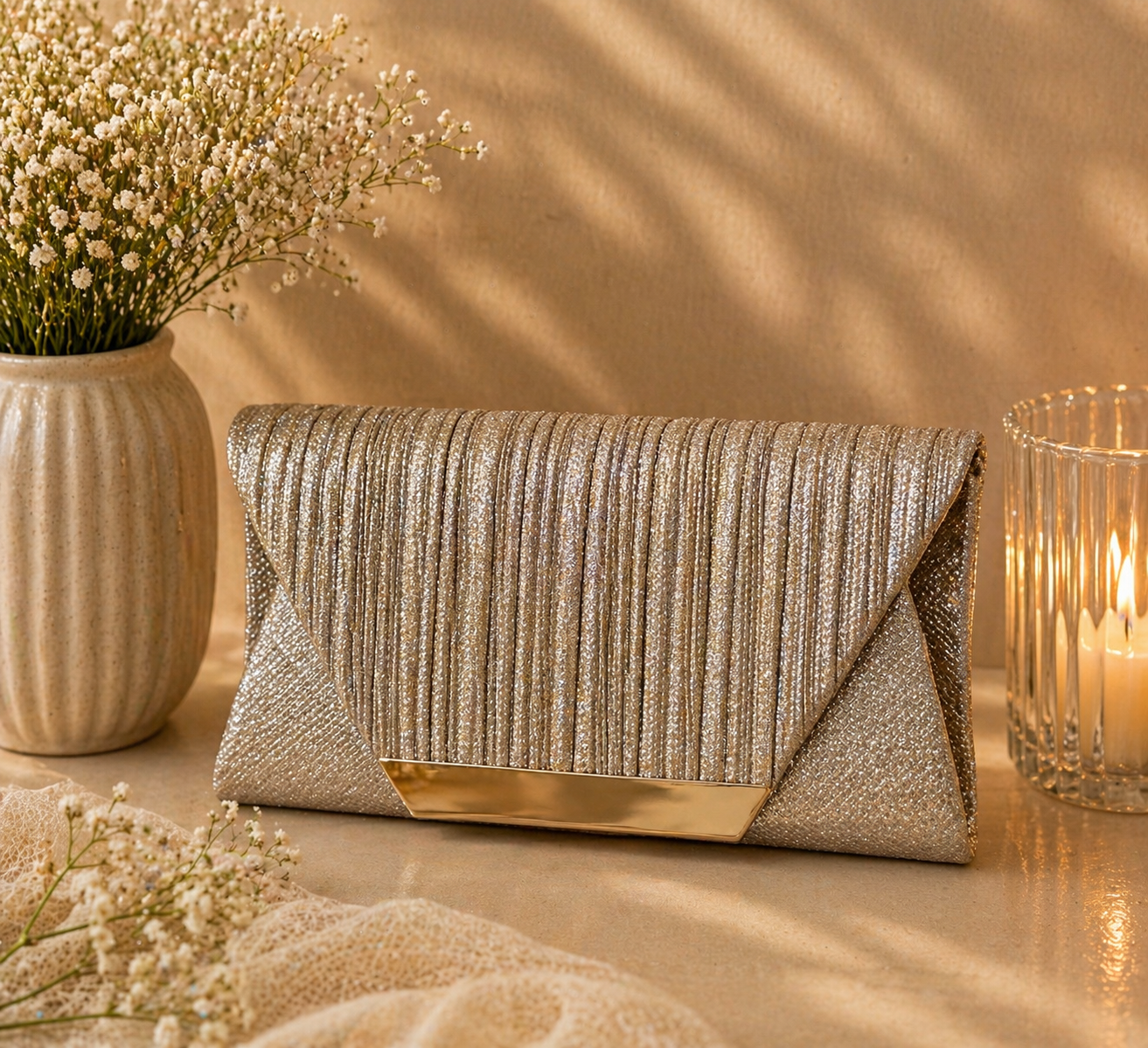 Champagne Glitter Envelope Clutch Bag