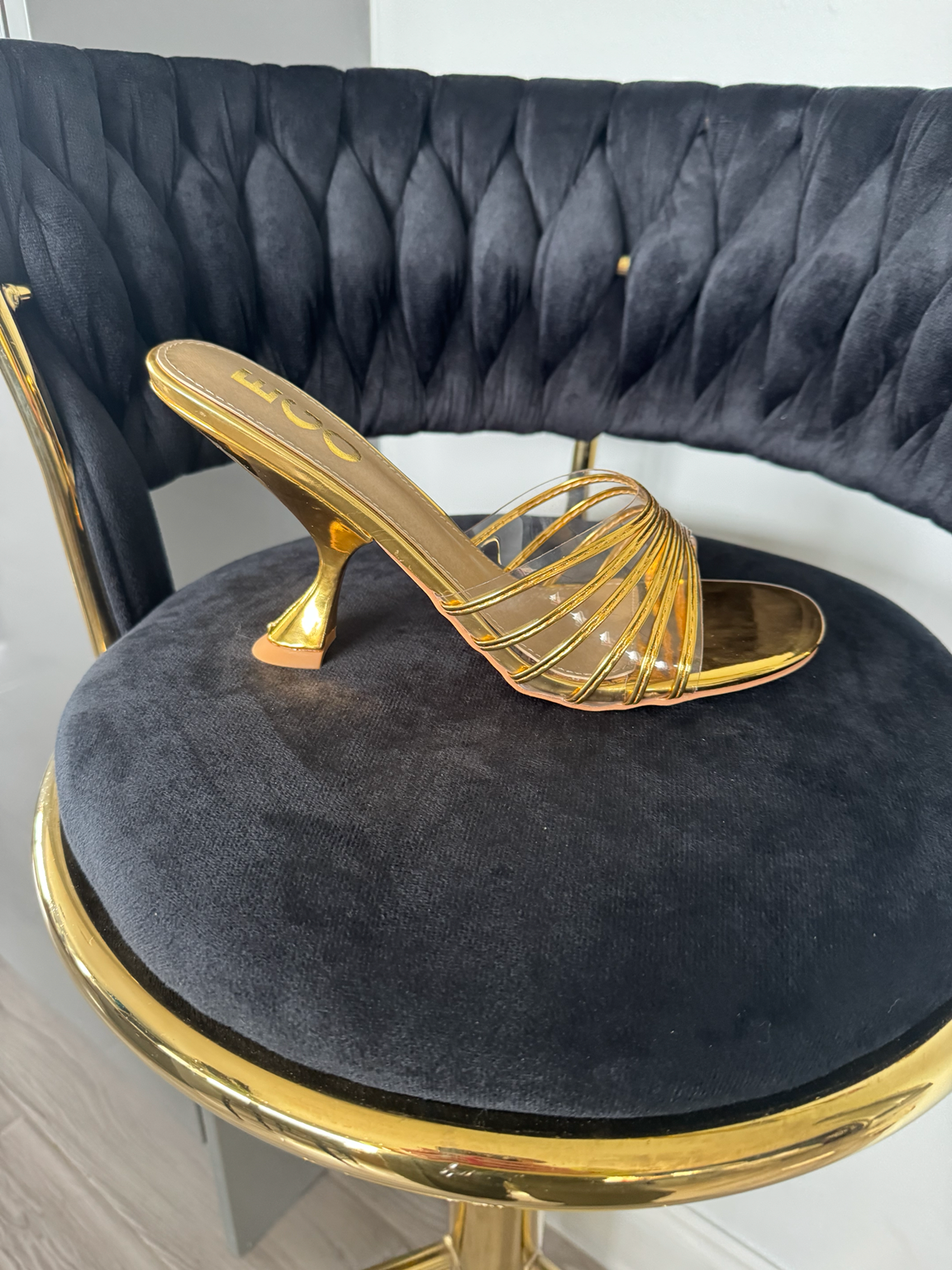 Gold straps slip on mule