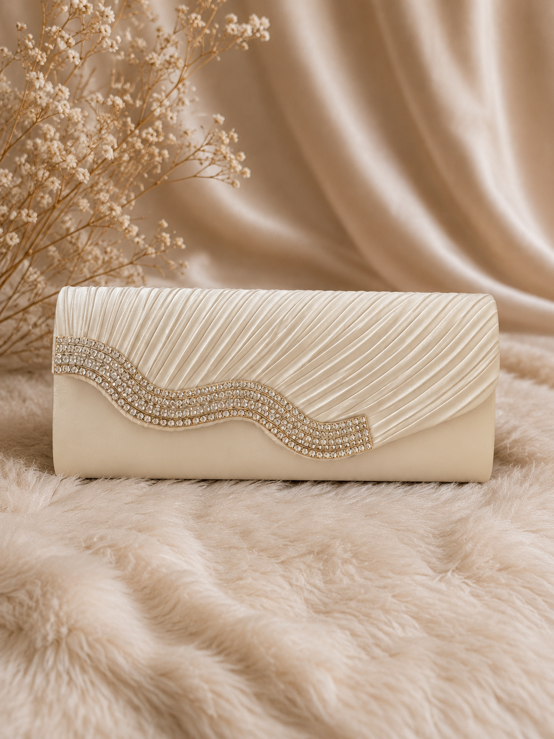 Ivory rhinestone satin clutch