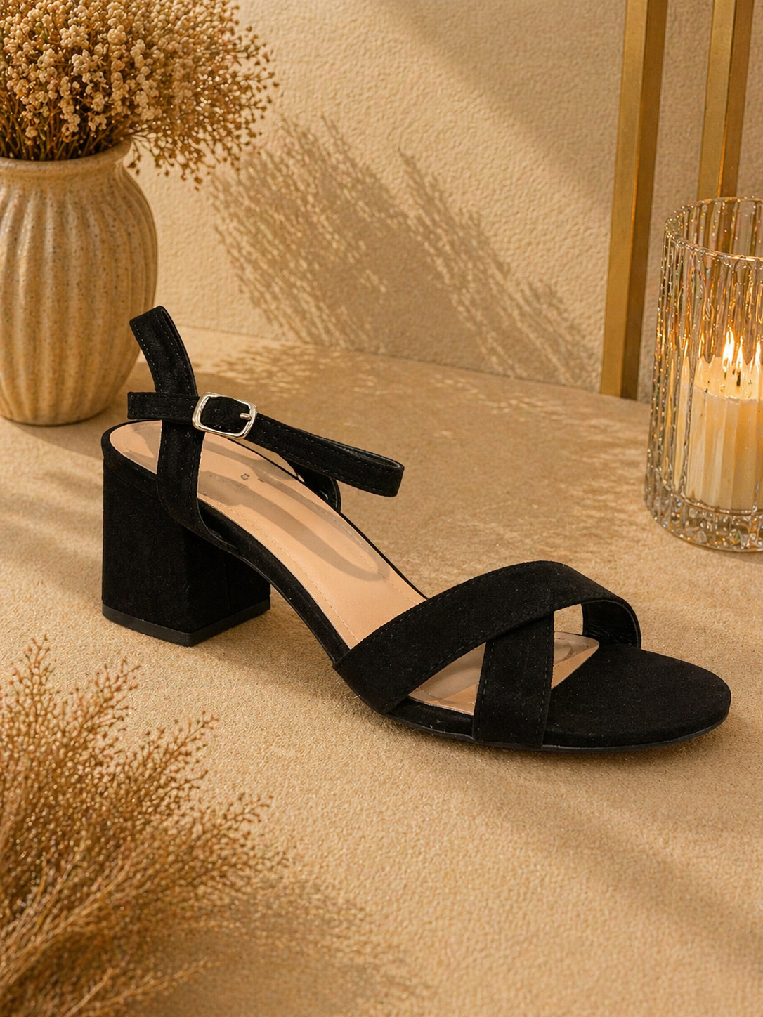 Faux Suede Block Heel Sandal