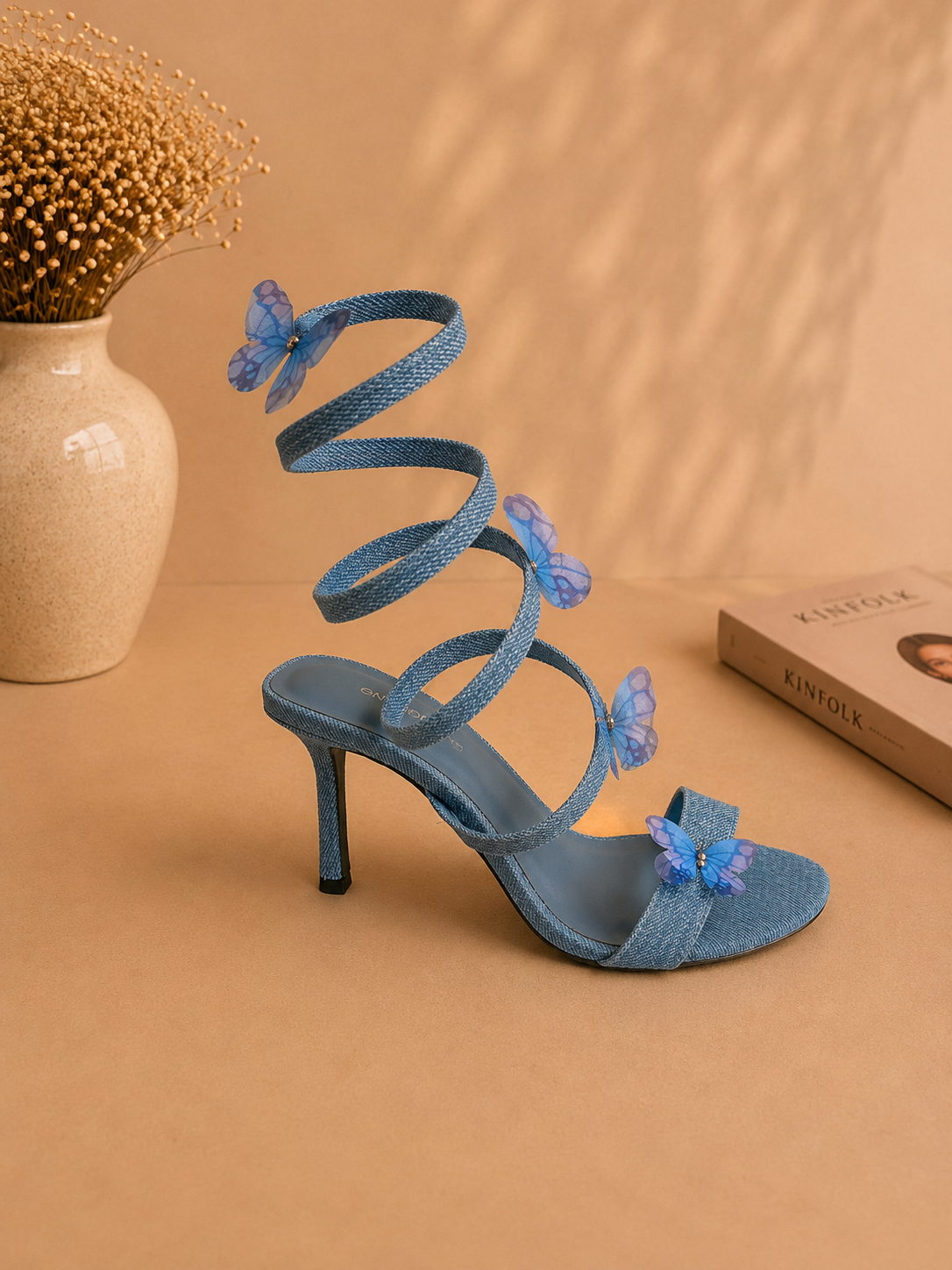 Denim wrap up butterfly heels