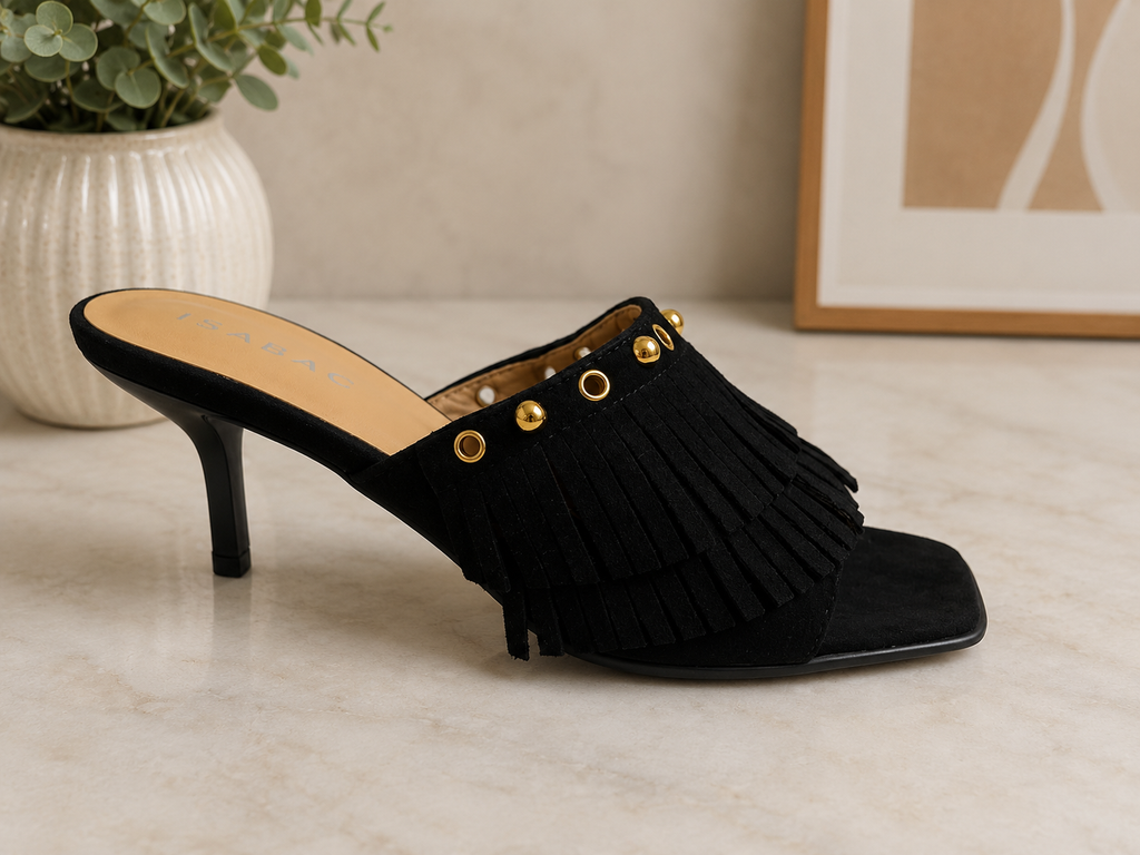 Fringe slip on mule