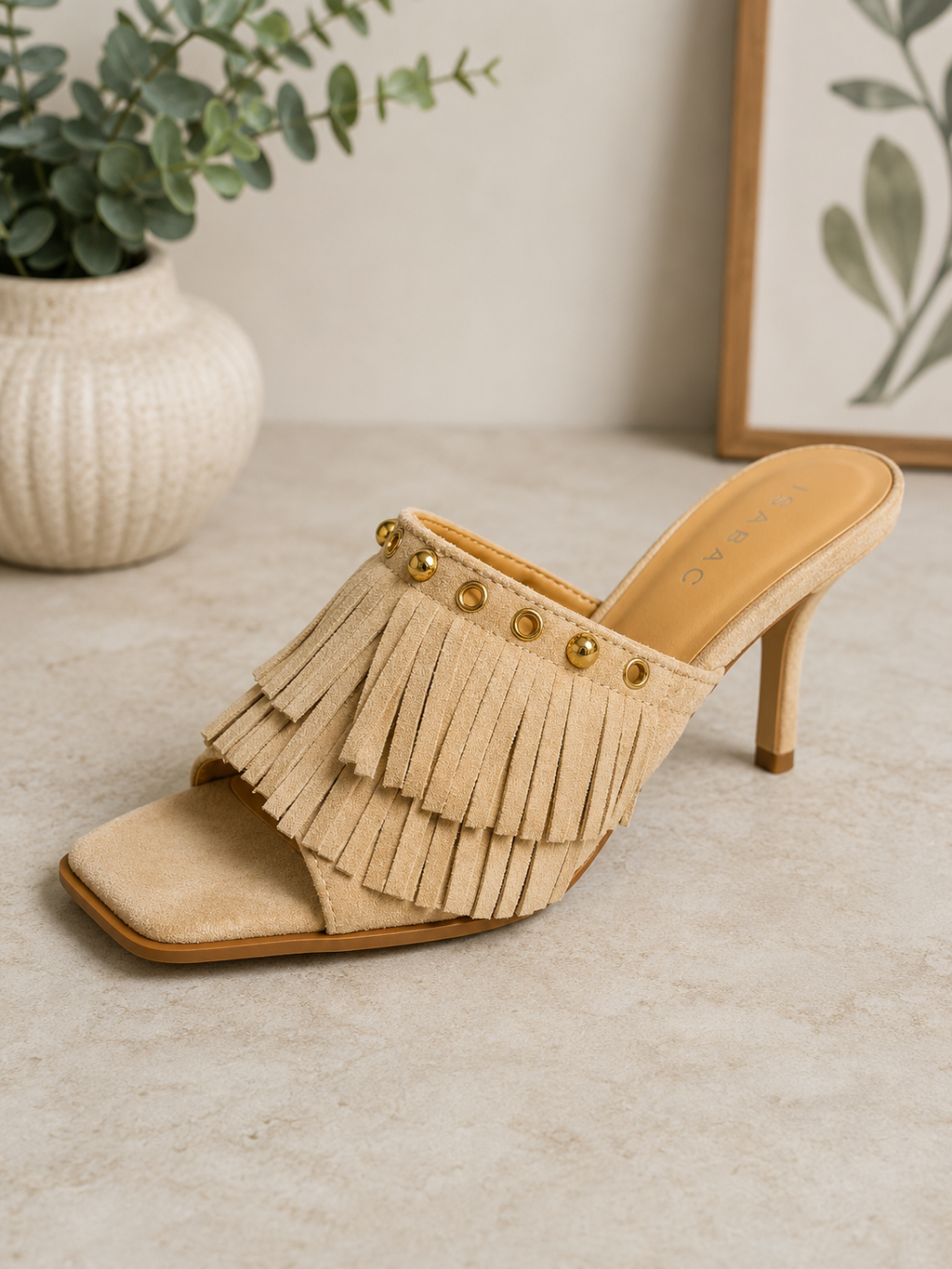 Fringe slip on mule