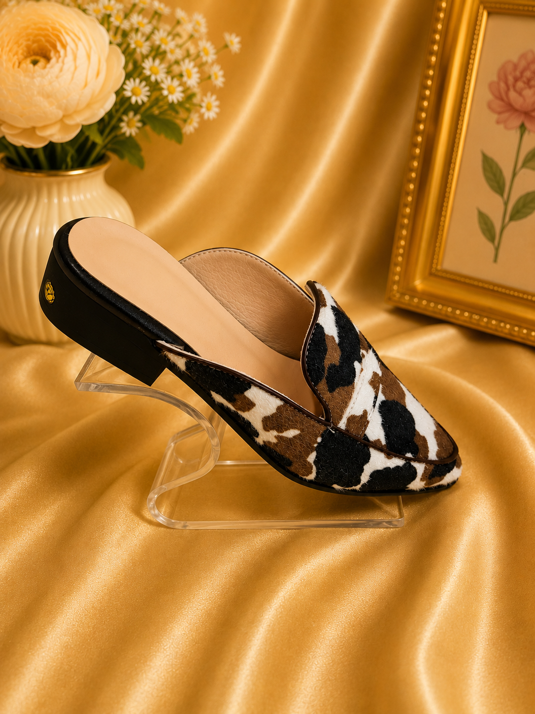 Cow print slip on loafer