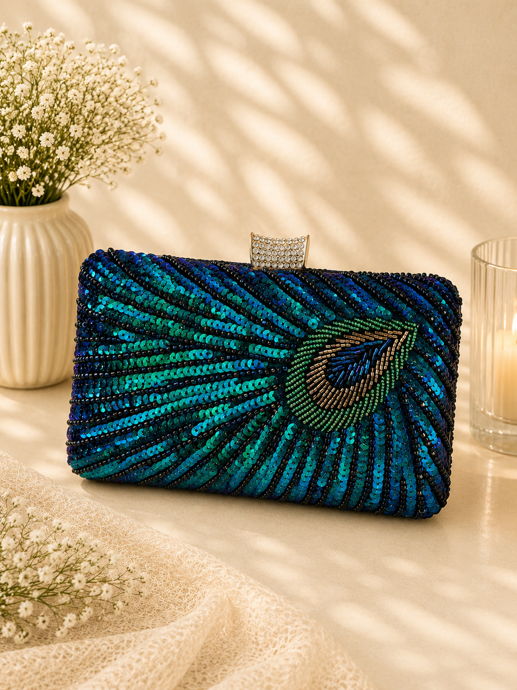 Peacock sequin clutch bag