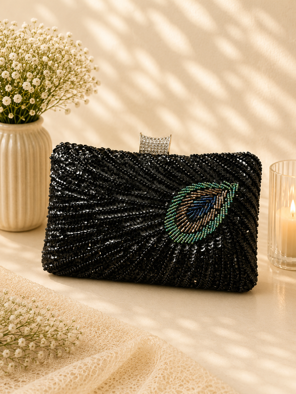 Peacock sequin clutch bag