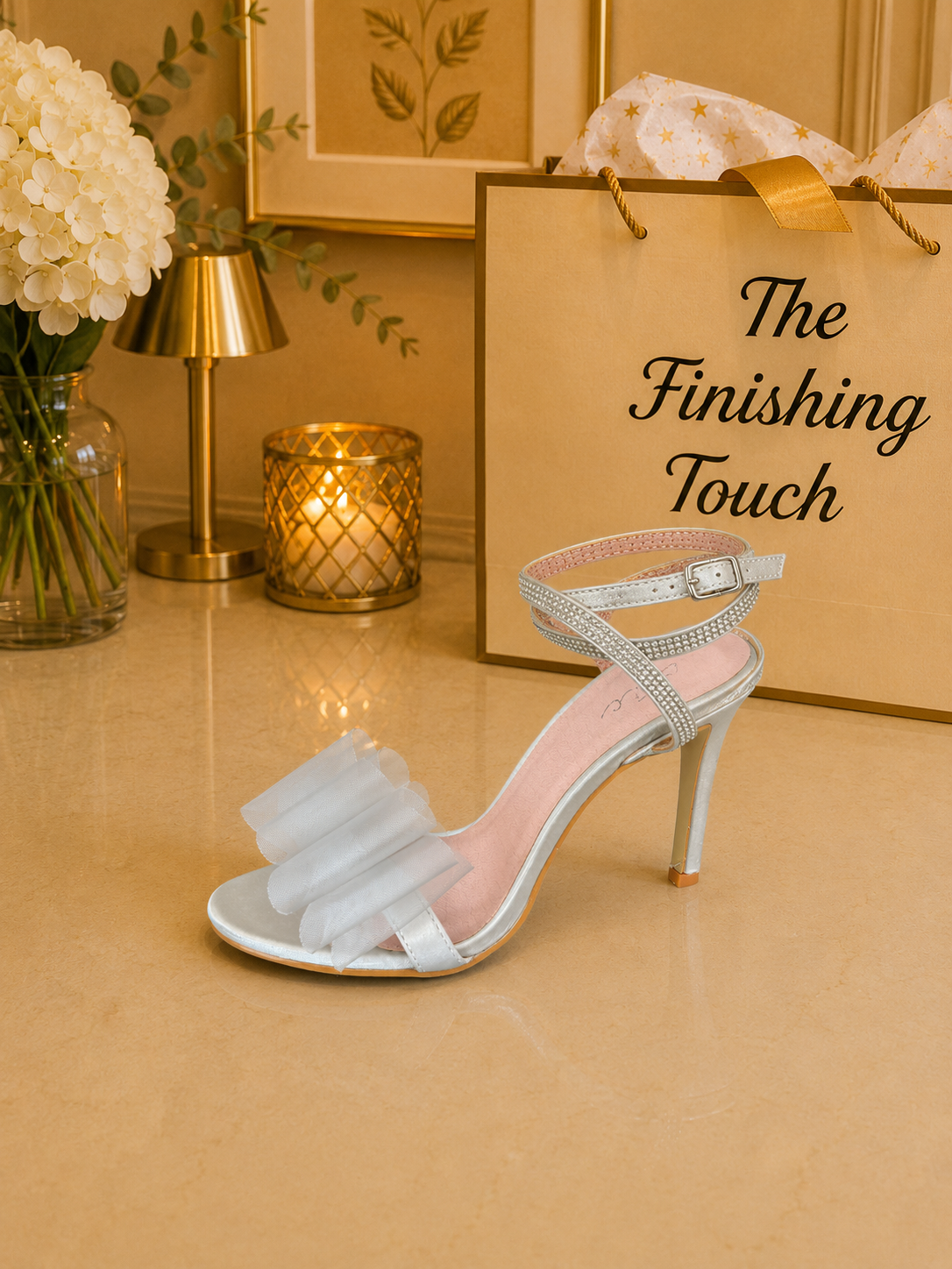 Silver diamanté bow high heel