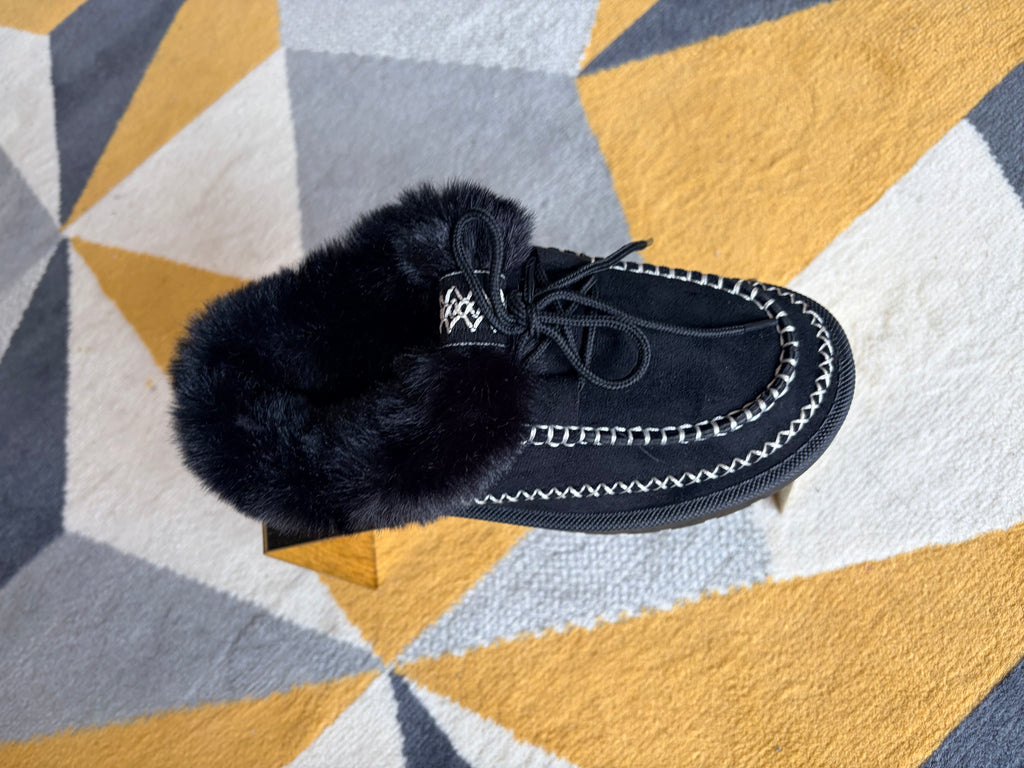 Black faux-fur moccasin slippers.