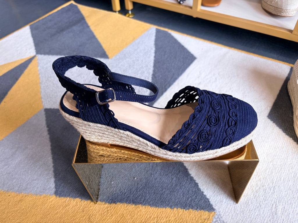 Cream and Navy wedge sandal