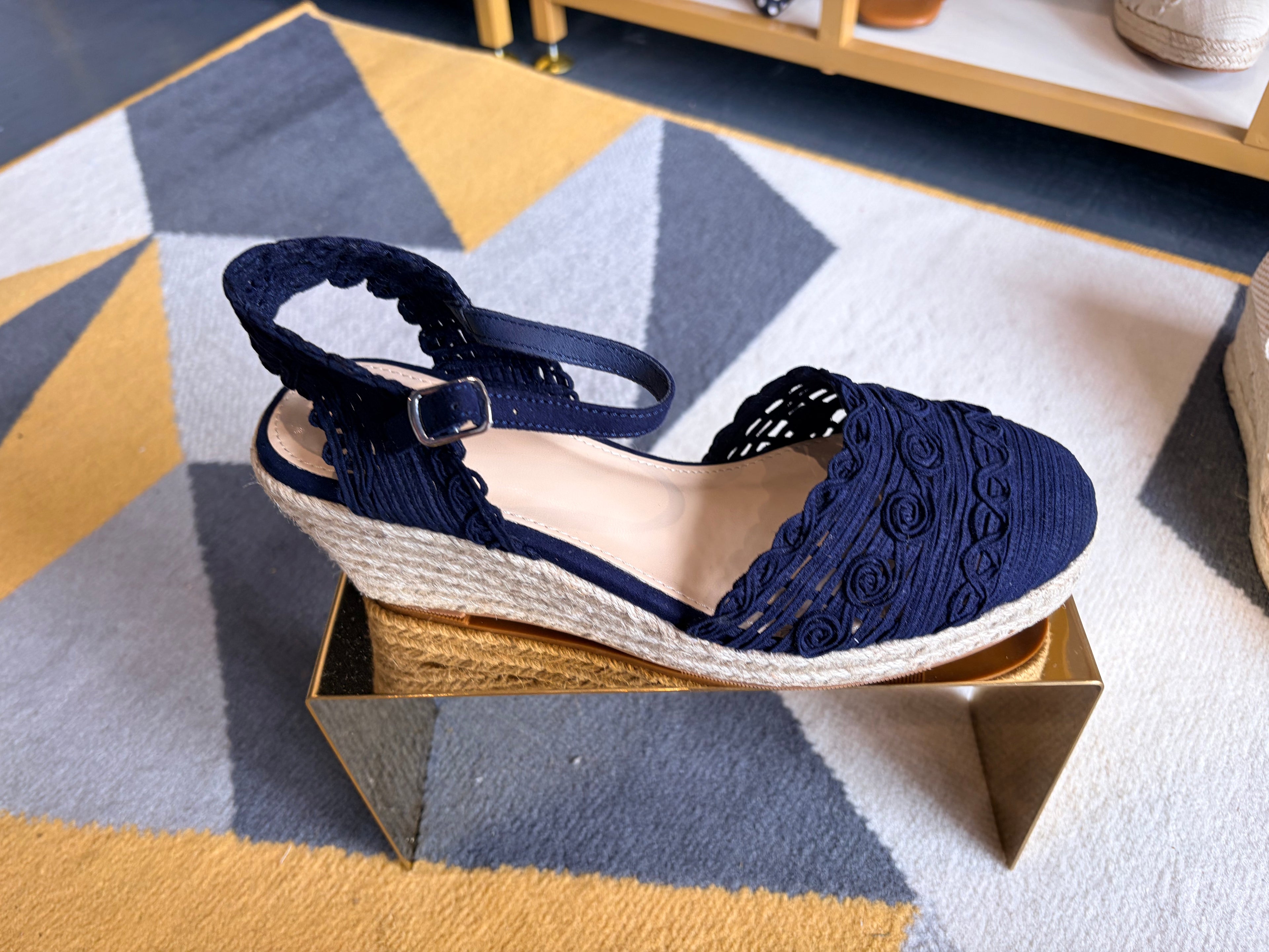 Cream and Navy wedge sandal