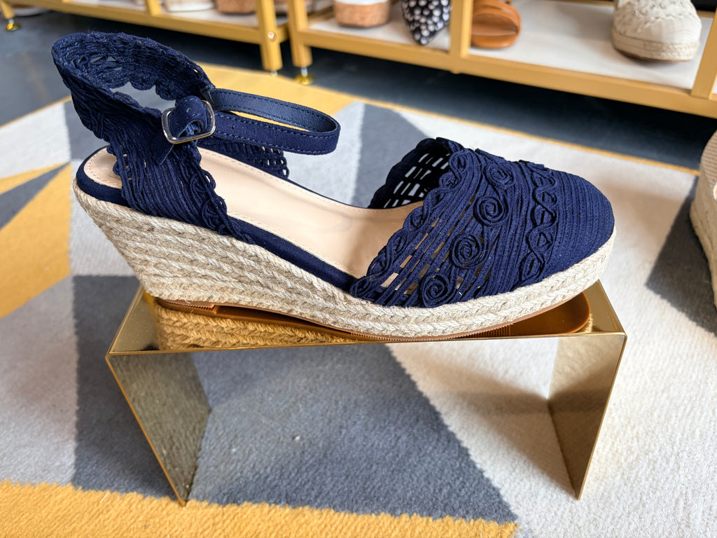 Cream and Navy wedge sandal