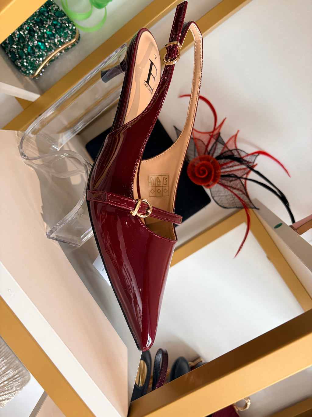 Red patent Sling back shoes.