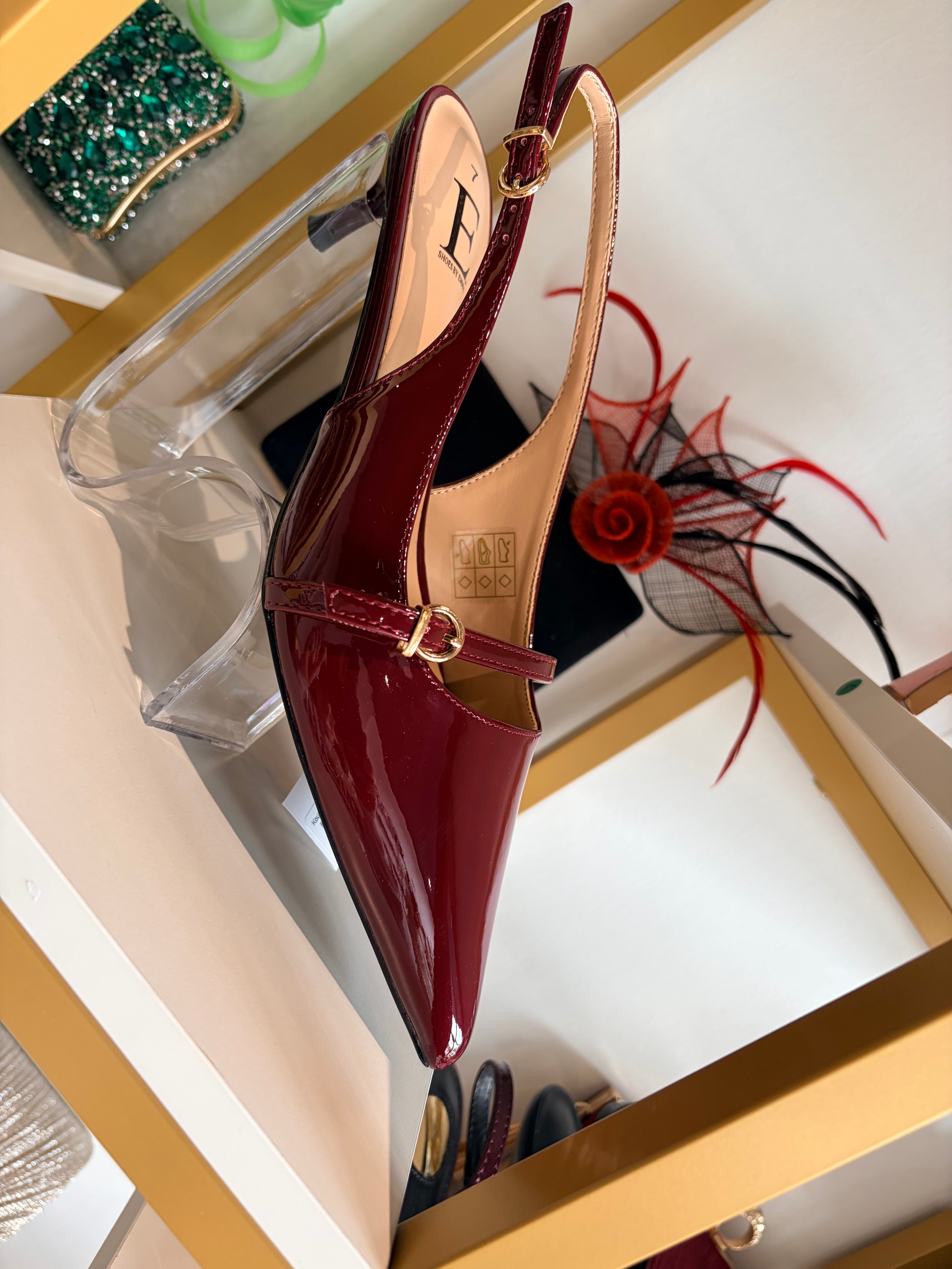 Red patent Sling back shoes.