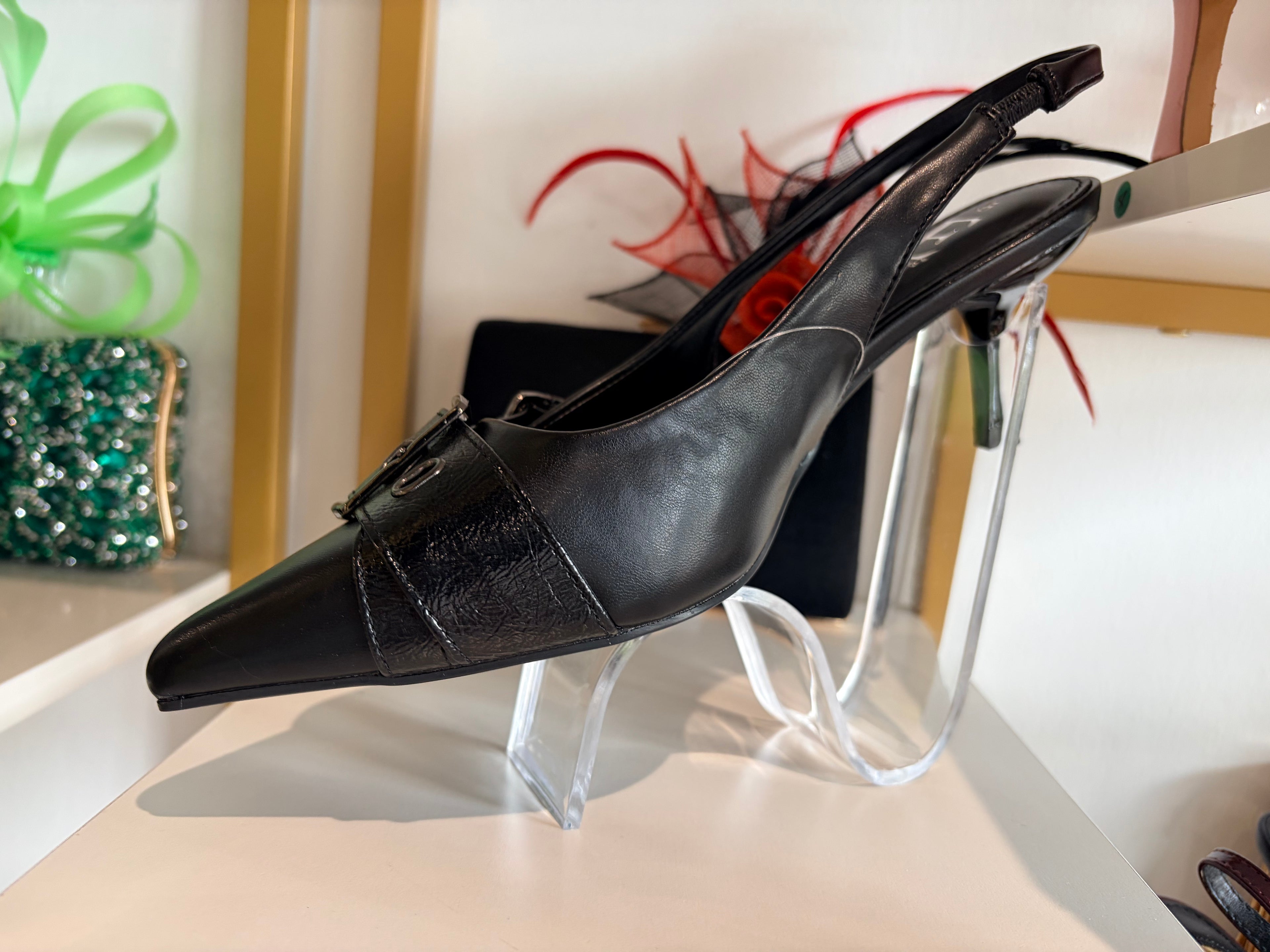 Black Buckle leather Sling back shoes.