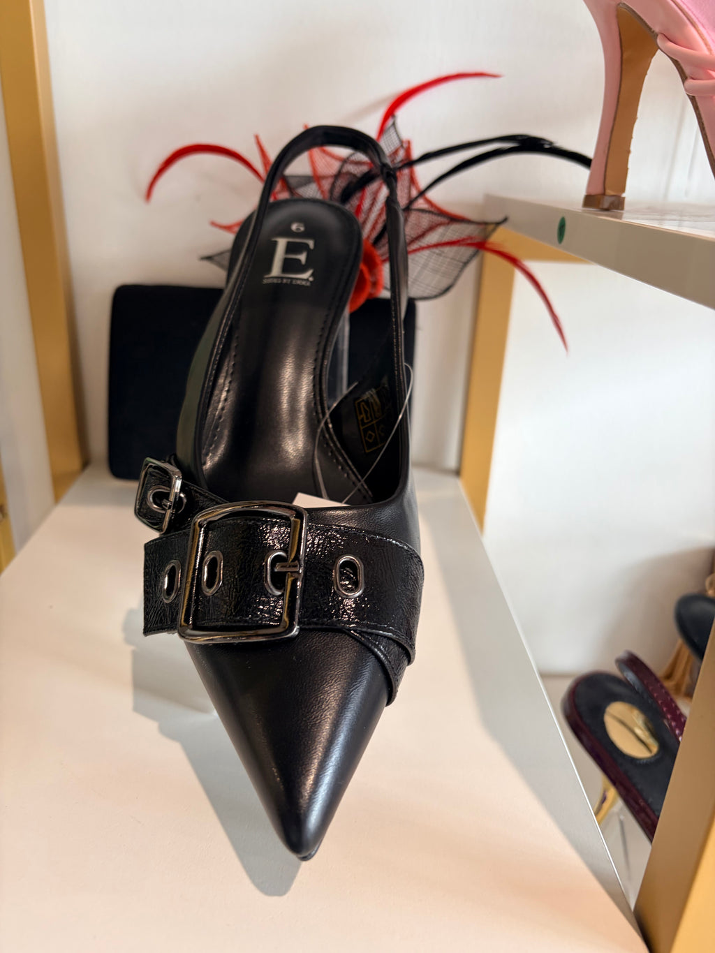 Black Buckle leather Sling back shoes.