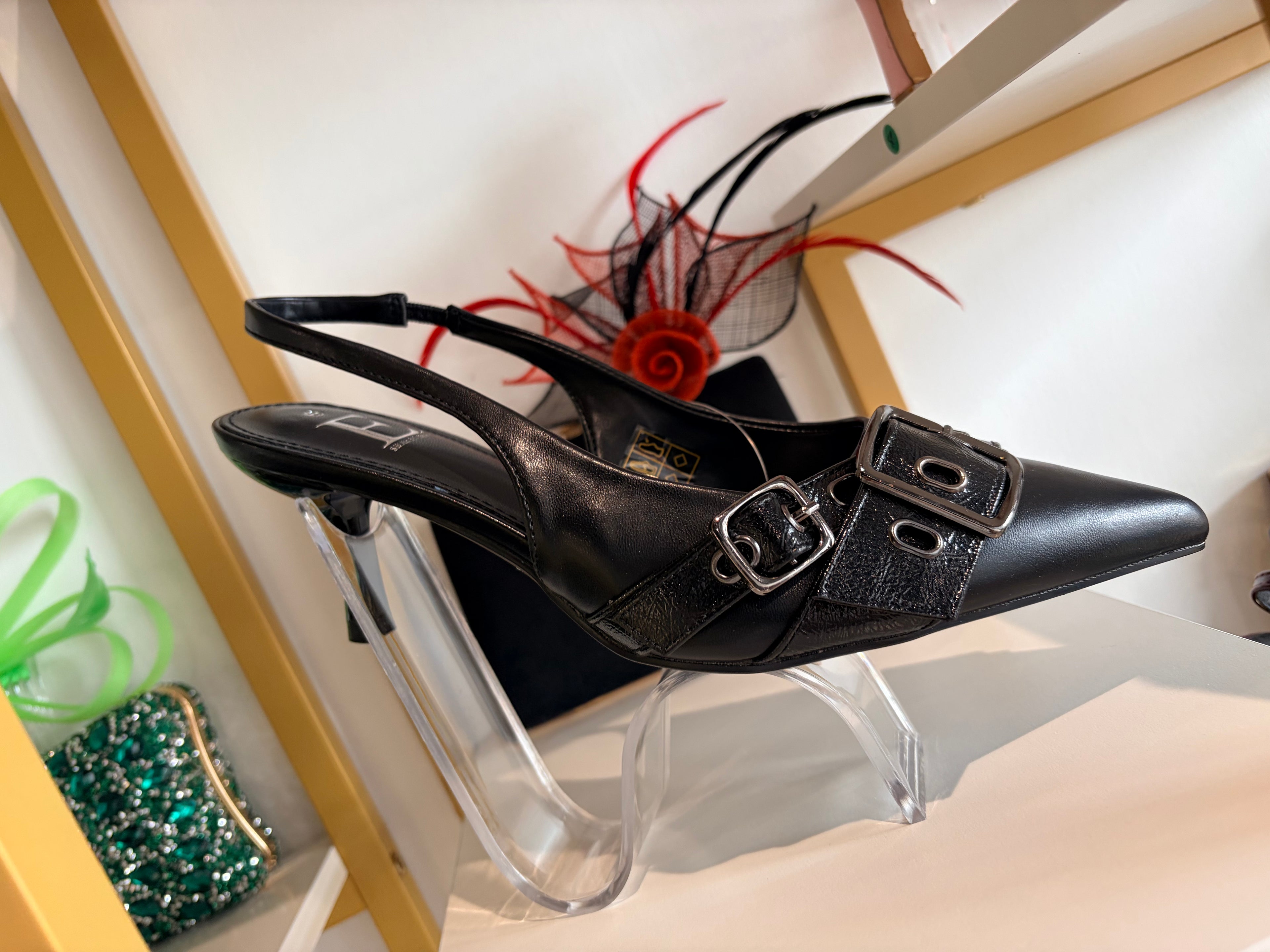 Black Buckle leather Sling back shoes.