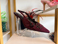 Red Buckle Suede Sling back shoes.