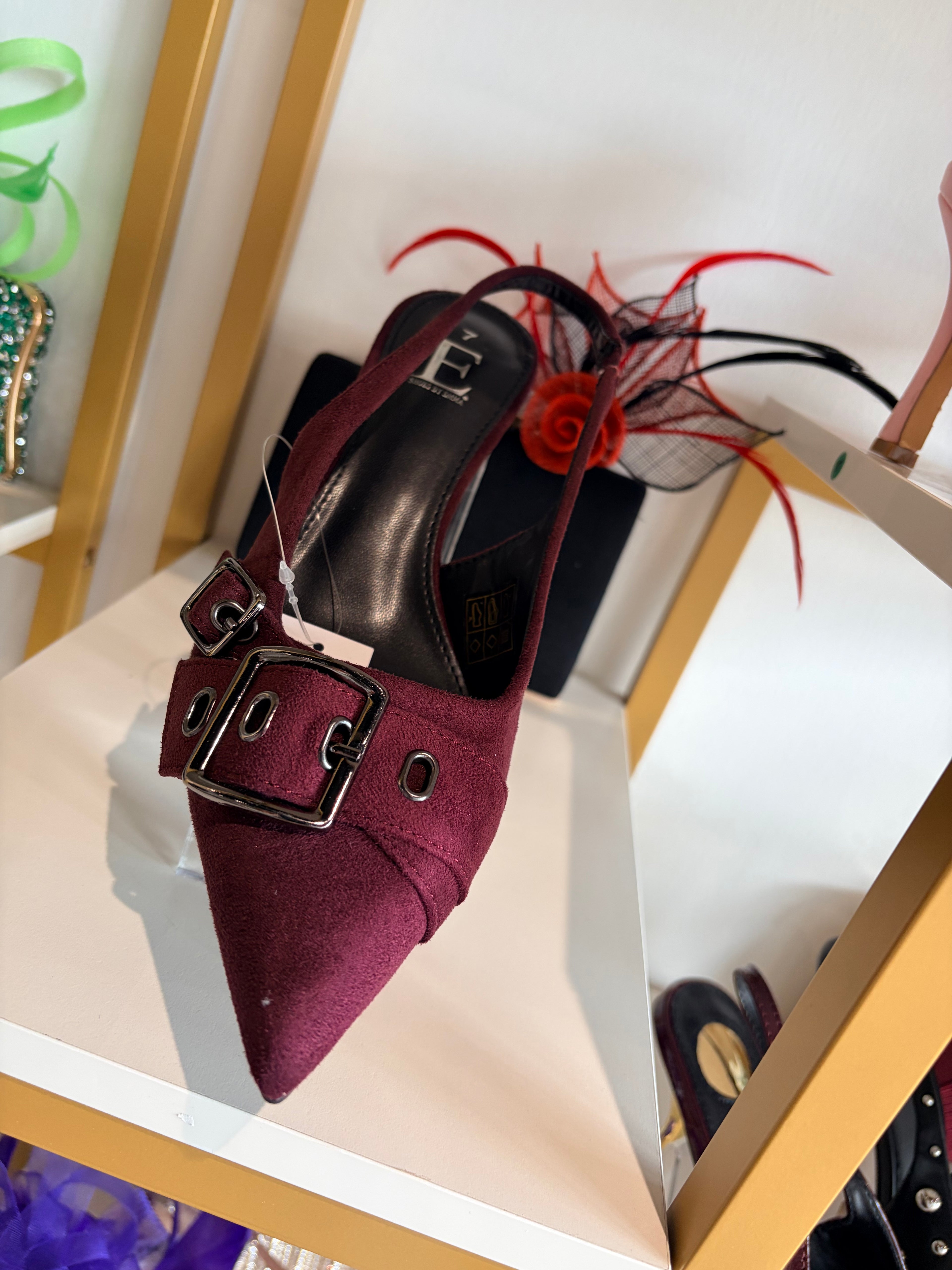 Red Buckle Suede Sling back shoes.