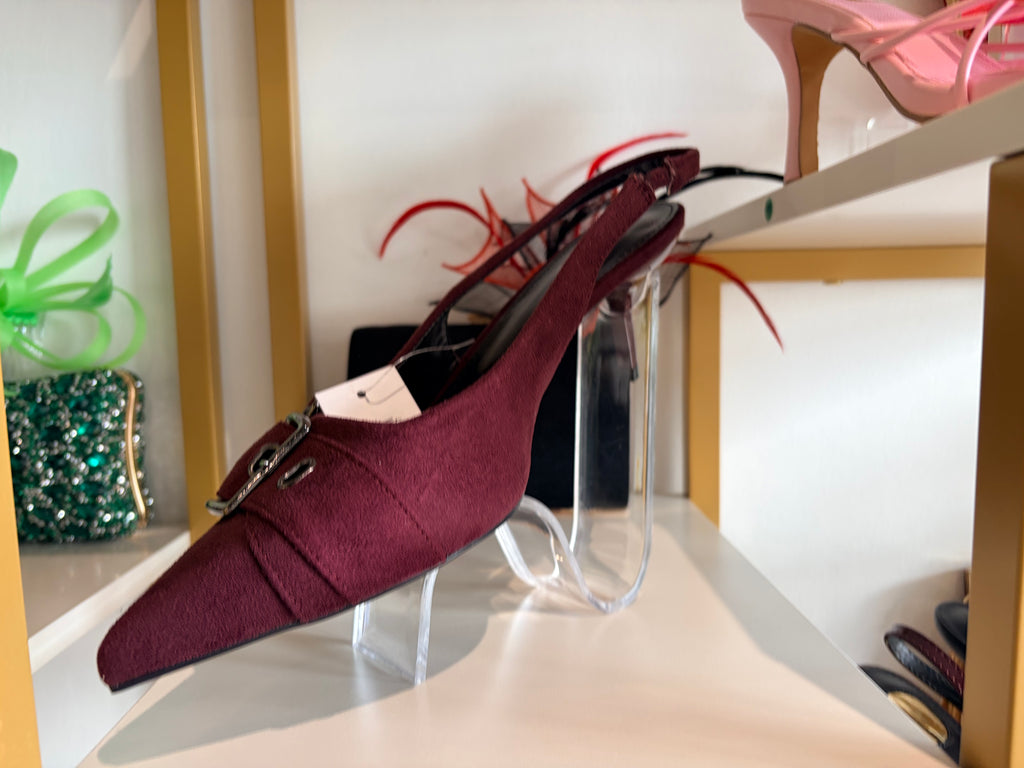 Red Buckle Suede Sling back shoes.