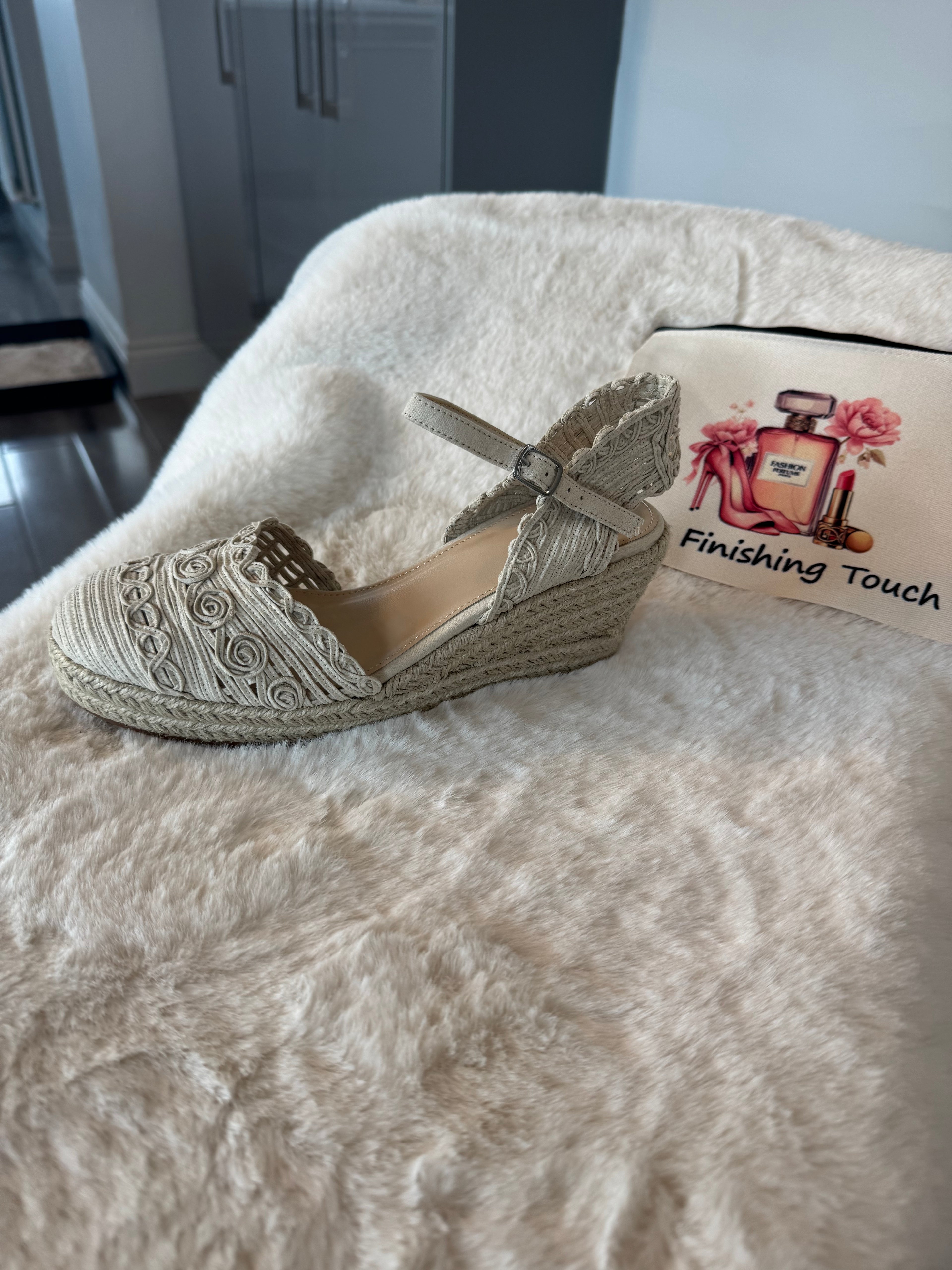 Cream and Navy wedge sandal